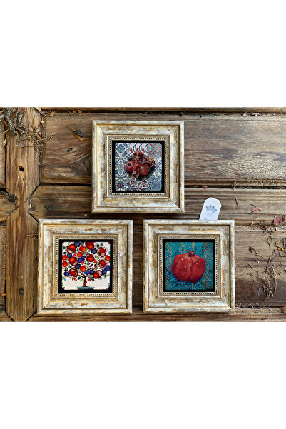 FİNS STONE DECOR Çerçeveli Taş Duvar Dekoru Tablo 3'lü 20x20 cm NAR AĞACI BEREKET TEMALI SET Hediyelik