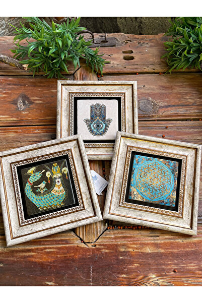 FİNS STONE DECOR Çerçeveli Taş Duvar Dekoru Tablo 3'lü Set 20x20 cm Şahmeran Yaşam Çiçeği Fatma Ana Hediyelik