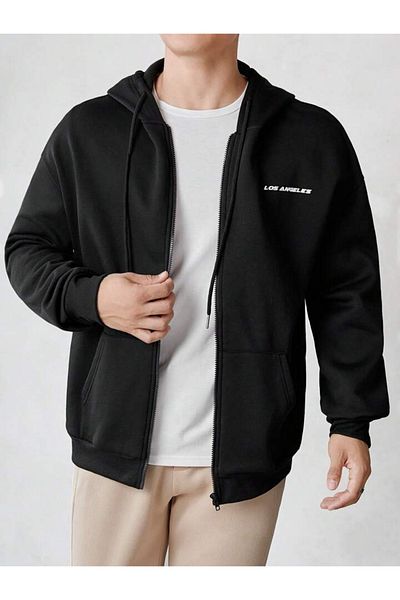 Josette Los Angeles Minimal Lettering Sweatshirt Zippered Cardigan - Black Printed Oversize Pocket Winter Hoodie