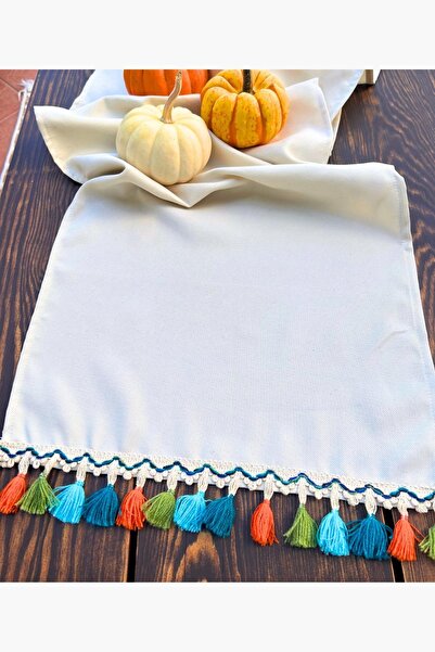 Bc Home Mavi - Turuncu Renkli Püsküllü Runner - Krem (40 X 140 CM)