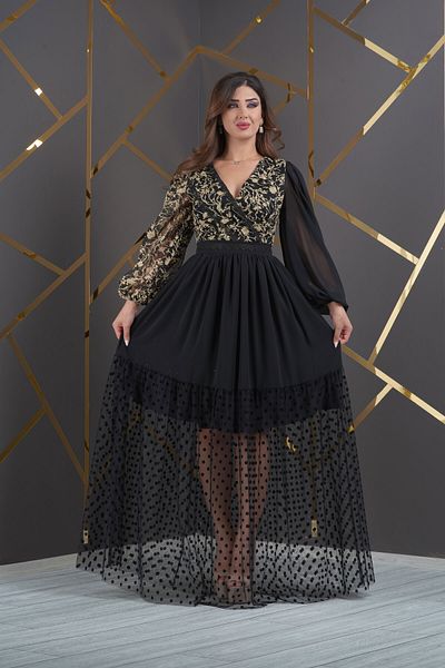 Matik Abiyem Flexible Mopping on Tulle Printed V Decollete Skirt Crepe and Polka Dot Long Evening Dress