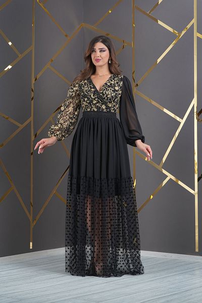 Matik Abiyem Flexible Mopping on Tulle Printed V Decollete Skirt Crepe and Polka Dot Long Evening Dress
