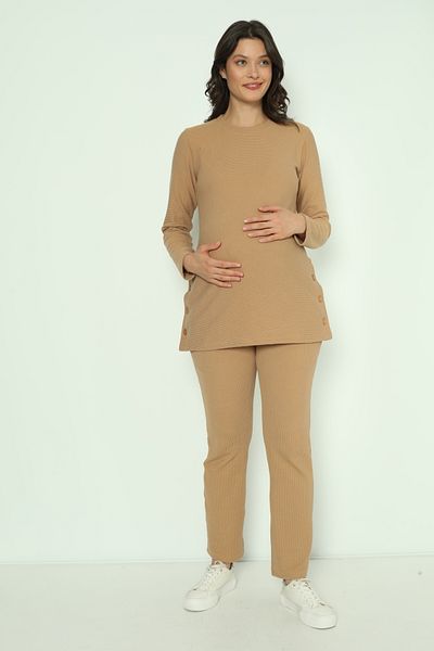 Miss Dünya Lissa Milk Brown Side Buttoned Maternity and Maternity Tracksuit Set