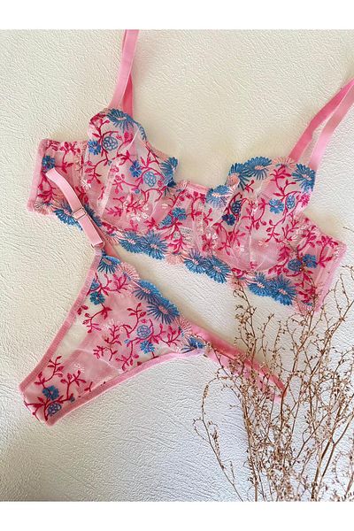 dem merys Pink Blue Underwire Bra Set