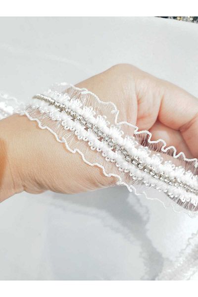 ESRA ŞELEM Stoned Flexible Tulle Detailed White Fringe Ribbon Decorative Ribbon