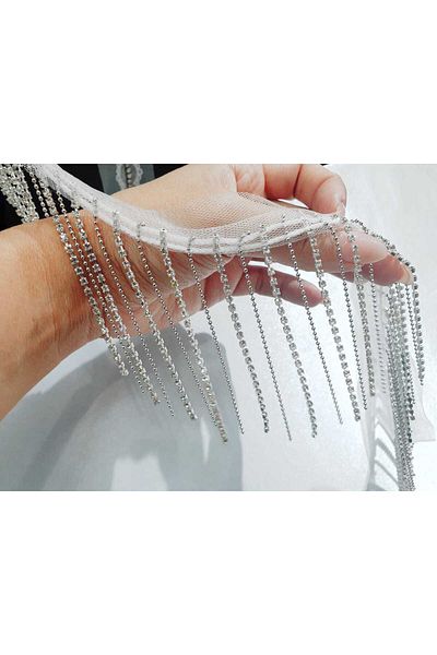 ESRA ŞELEM Crystal Stone Ball Chain White Tulle Fringe Ribbon Decorative Ribbon