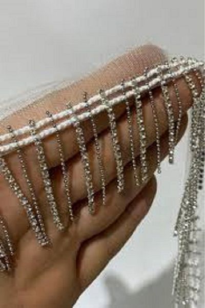 ESRA ŞELEM Crystal Stone Ball Chain White Tulle Fringe Ribbon Decorative Ribbon