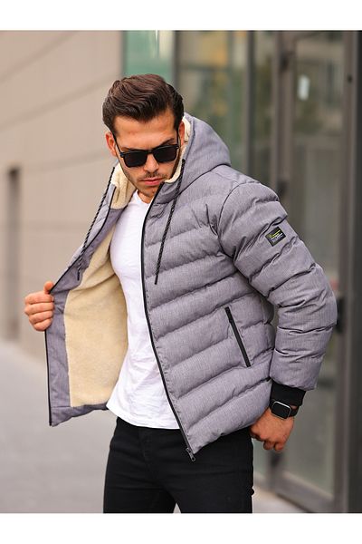 FERSHMOD Light Gray Color Men's Puffer Jacket with Fur Detail on the Inside
