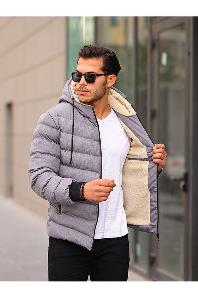 FERSHMOD Light Gray Color Men's Puffer Jacket with Fur Detail on the Inside