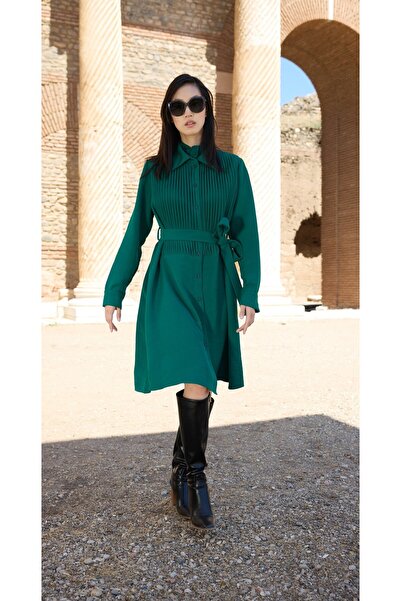 MissWhence 34301 Önü Pilise Nervür Yeşil Gömlek