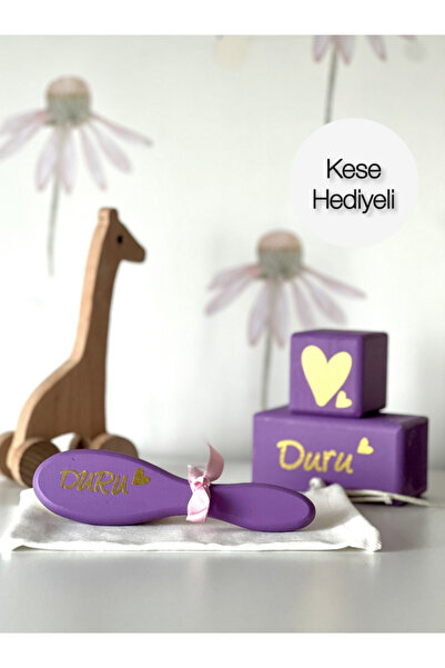 mogokids Kişiye özel isimli bebek anı küpü tekli ve lila gold yazılı bebek saç fırçası seti