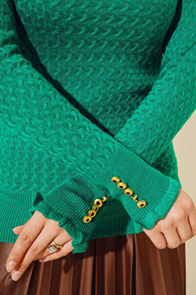 benguen 4019 Buttoned Wrists Knitted Detail Knitwear Sweater Green