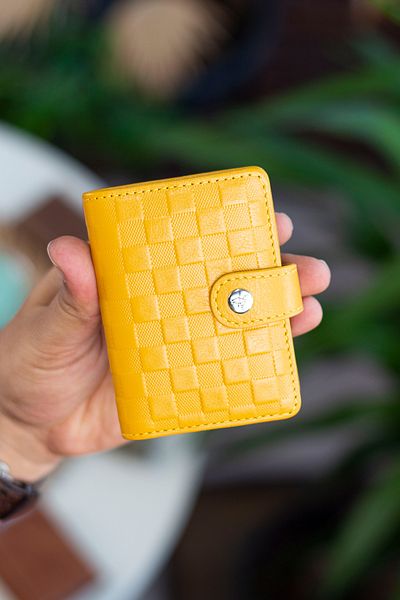 Garbalia Πορτοφόλι Beijing Genuine Leather Unisex Mustard Yellow Cardholder με πολλές θήκες για κάρτες και εξωτερικό πακετάκι