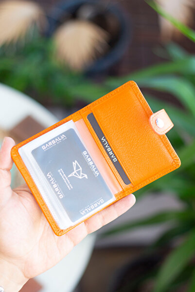Garbalia Beijing Genuine Leather Unisex Orange Card Holder Wallet with Plenty of Card Holders and External Placket