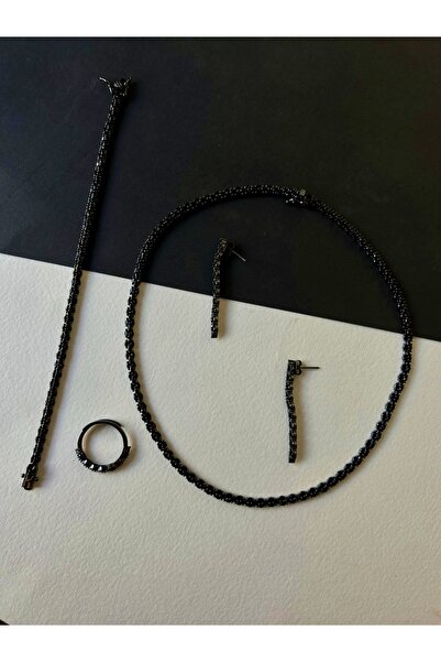 JEICON ATELIER Özel Tasarım Üç Sıra Markiz Kesim Siyah Zirkon Taş İşlemeli Küpe-Kolye-Yüzük-Bileklik Set