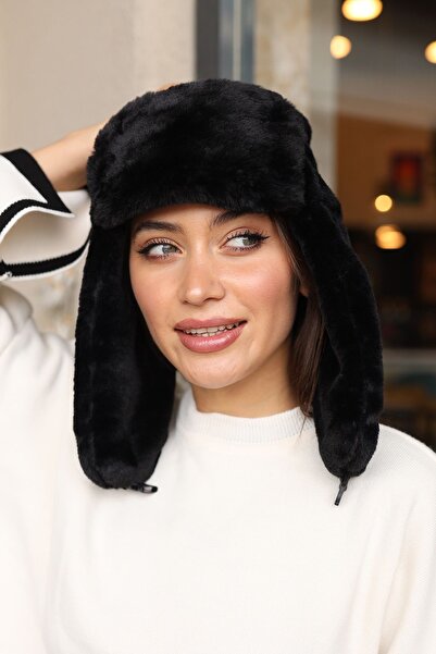 REMSA Plush Beanie Hat with Snap Fastening and Fur Headphones RKŞ-03 Black