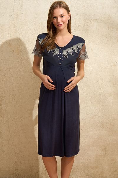 Anıl Half Sleeve Crew Neck Women's Plain Summer Transparent Tulle Detailed Maternity Nightgown Dressing Gown Anil 5777