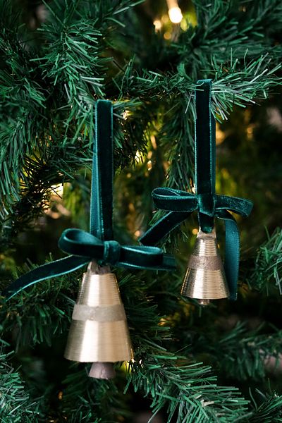 Beige & Stone Christmas Tree Ornament Large Bell with Ribbon