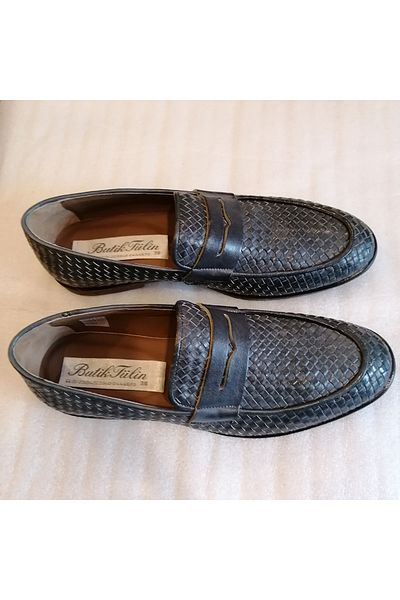 Butik Tülin Unisex genuine cowhide hand knitted navy blue antique banded soft rubber sole loafer shoes