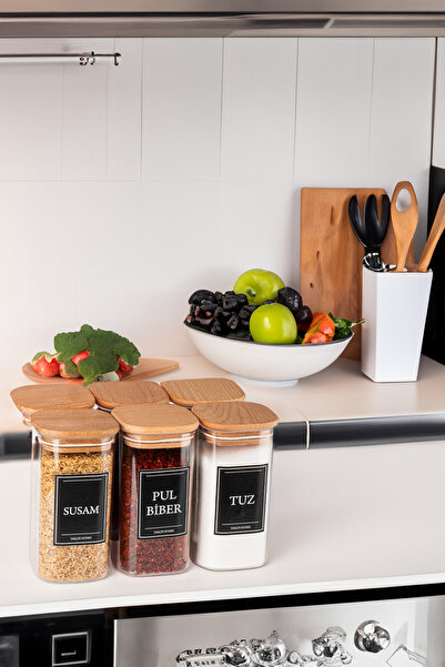 TARÇIN HOMES 6'lı 300 ml Vakumlu Sızdırmaz Etiketli Akrilik Baharatlık Seti Saklama Kabı