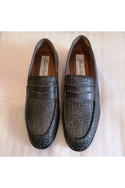 Butik Tülin Unisex genuine cowhide hand knitted navy blue antique banded soft rubber sole loafer shoes