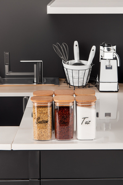 TARÇIN HOMES مجموعة من 6 علب توابل ميكا بغطاء خشبي سعة 300 مل وشفافة للتخزين ...