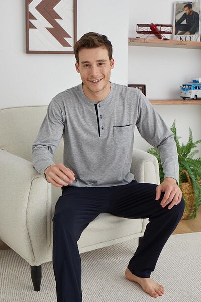 KLY PİJAMA Kly 9111 Men's 100% Cotton Half Button Long Sleeve Battal Plus Size Pajamas Suit