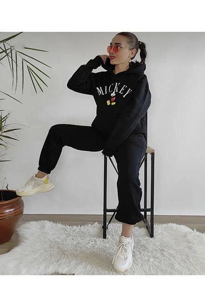 BYMEER Σετ φόρμας Unisex με κουκούλα Μαύρη Μίκυ Μάους με στάμπα