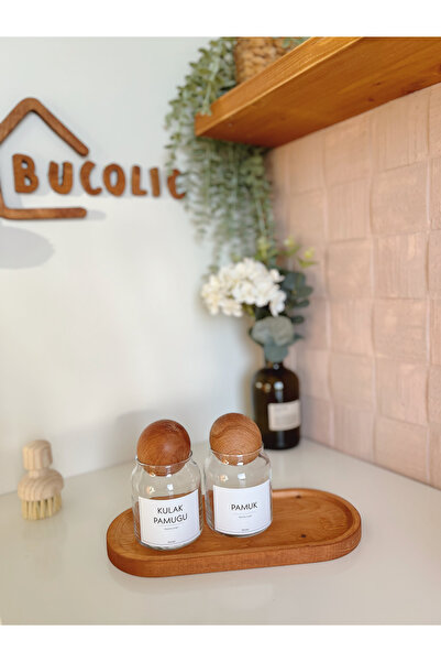 BUCOLIC طقم قطن زجاجي مكون من قطعتين مع غطاء خشبي / قطن أذن / حامل خشبي كبير ...