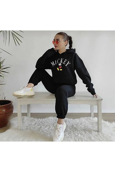 BYMEER Σετ φόρμας Unisex με κουκούλα Μαύρη Μίκυ Μάους με στάμπα