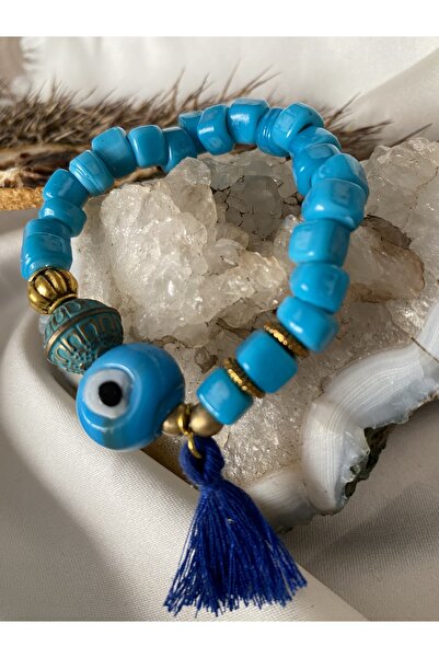 azra takı tasarım El yapımı Bodrum cam boncuk mavi nazar boncuklu,püsküllü ot...