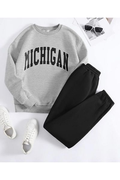 BYMEER Unisex Grey Black Crew Σετ φόρμας με στάμπα Michigan