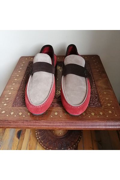Butik Tülin Unisex leather suede beige coffee combination banded hand-stitched very soft rubber sole loafer