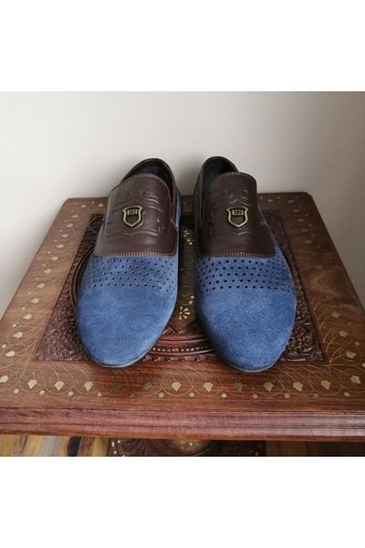 Butik Tülin Unisex genuine leather coffee suede navy blue combined perforated airy very soft rubber sole loafer