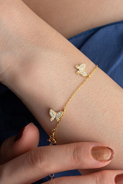Silvano Jewelry 925 Ayar Gümüş Gold Kelebekli Şans Bileklik