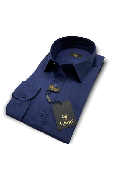 Chamis قميص Slimfit ذو الياقة الكلاسيكية باللون الأزرق الداكن من الساتان