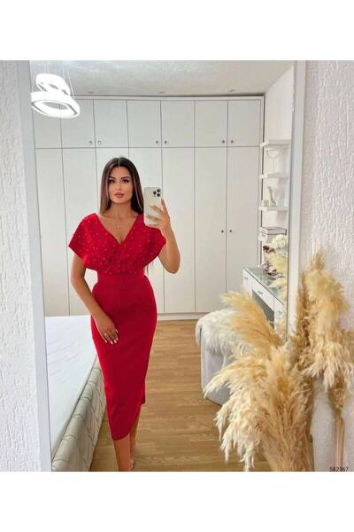 rengafashion Kadın Kırmızı Kemerli Inci Detay Dalgıç Kumaş Abiye Elbise