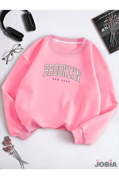 Jobia Outdoors Φούτερ Unisex με 3 νήματα Basic Crew Neck Brooklyn Printed Candy Pink Raster Fleece φούτερ