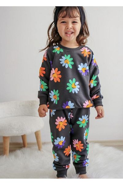 Lolliboomkids طقم بدلة رياضية علوية سفلية منقوشة بالأزهار بلون أنثراسايت للفتيات
