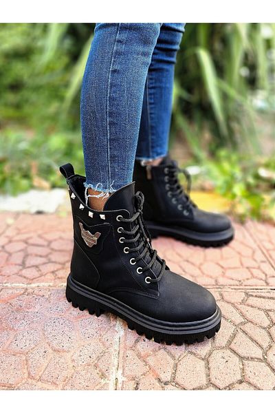 EPTC Women's Front Lace Up Side Zipper Elastic Black Nubuck Boots & Bootie -Shoes- Winter-Autumn