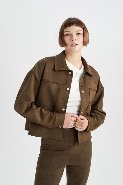 DeFacto Crop Snap Pocket Suede Shirt Jacket B2983Ax23Wn