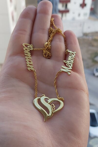 ÖZGÜR TAKI 925 Ayar Gümüş 24 Ayar Altın Kaplama 2 İsimli Kalpli Kolye