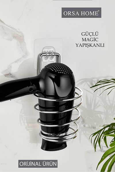 ORSA HOME 115 Κρεμάστρα σεσουάρ χρωμίου με ισχυρή μαγική κόλλα, πιστολάκι χρωμίου