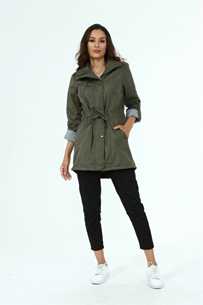 diaves Kadın Haki Renk Yanlardan Büzgülü Katlanabilir Kol Astarlı Trençkot