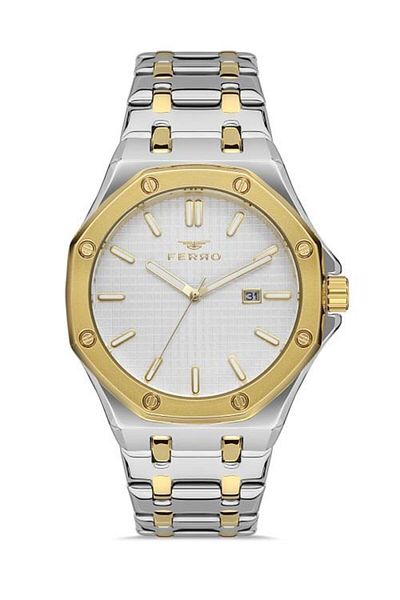 FERRO Men's Silver-Yellow Color Sport-Classic Calendar Wristwatch + 5 Color Bracelet Gift