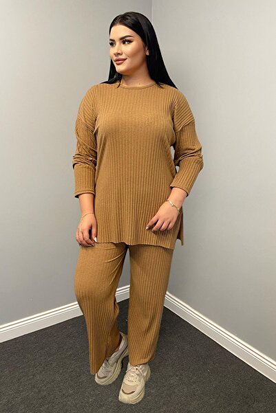 Siyezen Large Size Corded Cotton Lycra Long Sleeve Double Suit Brown