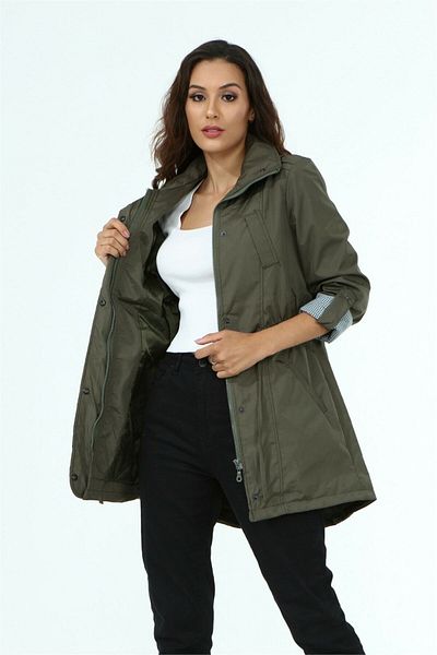 diaves Women's Khaki Color Side Gathered Foldable Sleeve Lined Trench Coat