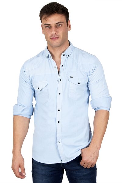 DeepSEA Ανδρικό πουκάμισο Ice Blue Lycra Snap με διπλή τσέπη με λεπτομέρεια ραφής 2300419