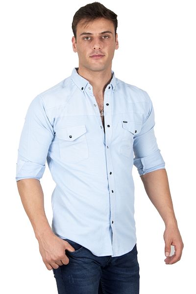 DeepSEA Ανδρικό πουκάμισο Ice Blue Lycra Snap με διπλή τσέπη με λεπτομέρεια ραφής 2300419