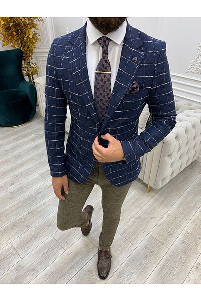 LONATOLİA Ανδρικό τετράγωνο καρό μπουφάν Italian Cut Slim Fit